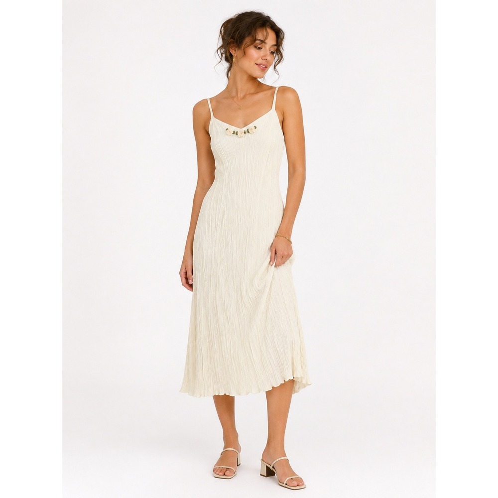 Vintage 90s Cream Crinkle Midi Dress M 8 10 Rosette Fairy Romantic Ethereal